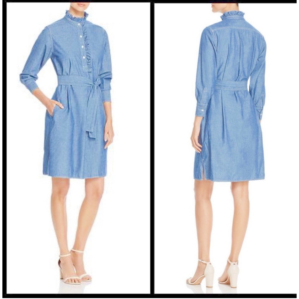 TORY BURCH Size Small Deneuve‎ Chambray Ruffled Denim Belted Shirt Dress Cotton